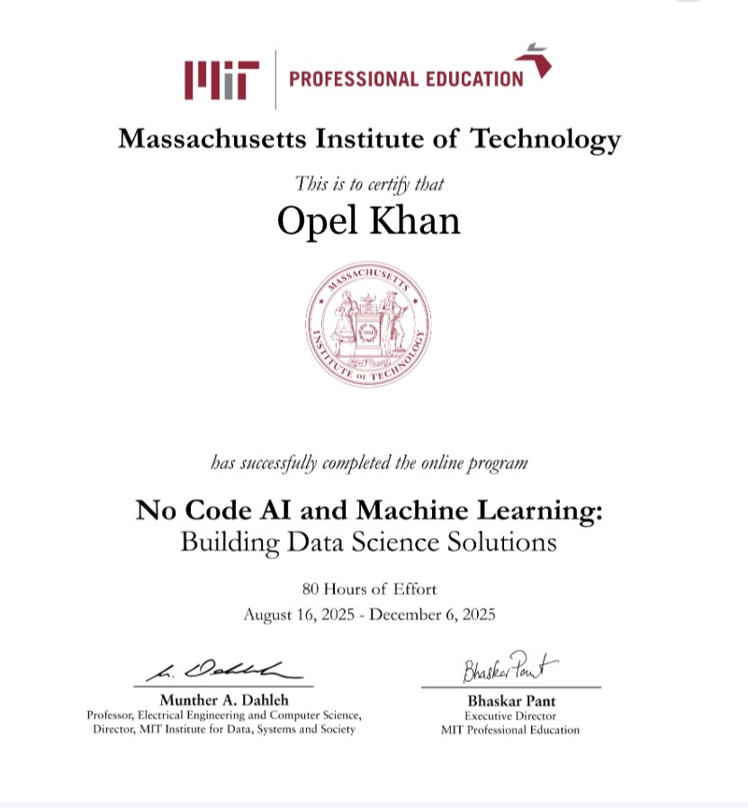 MIT Professional Education certificate awarded to Opel Khan for completing No Code AI and Machine Learning: Building Data Science Solutions